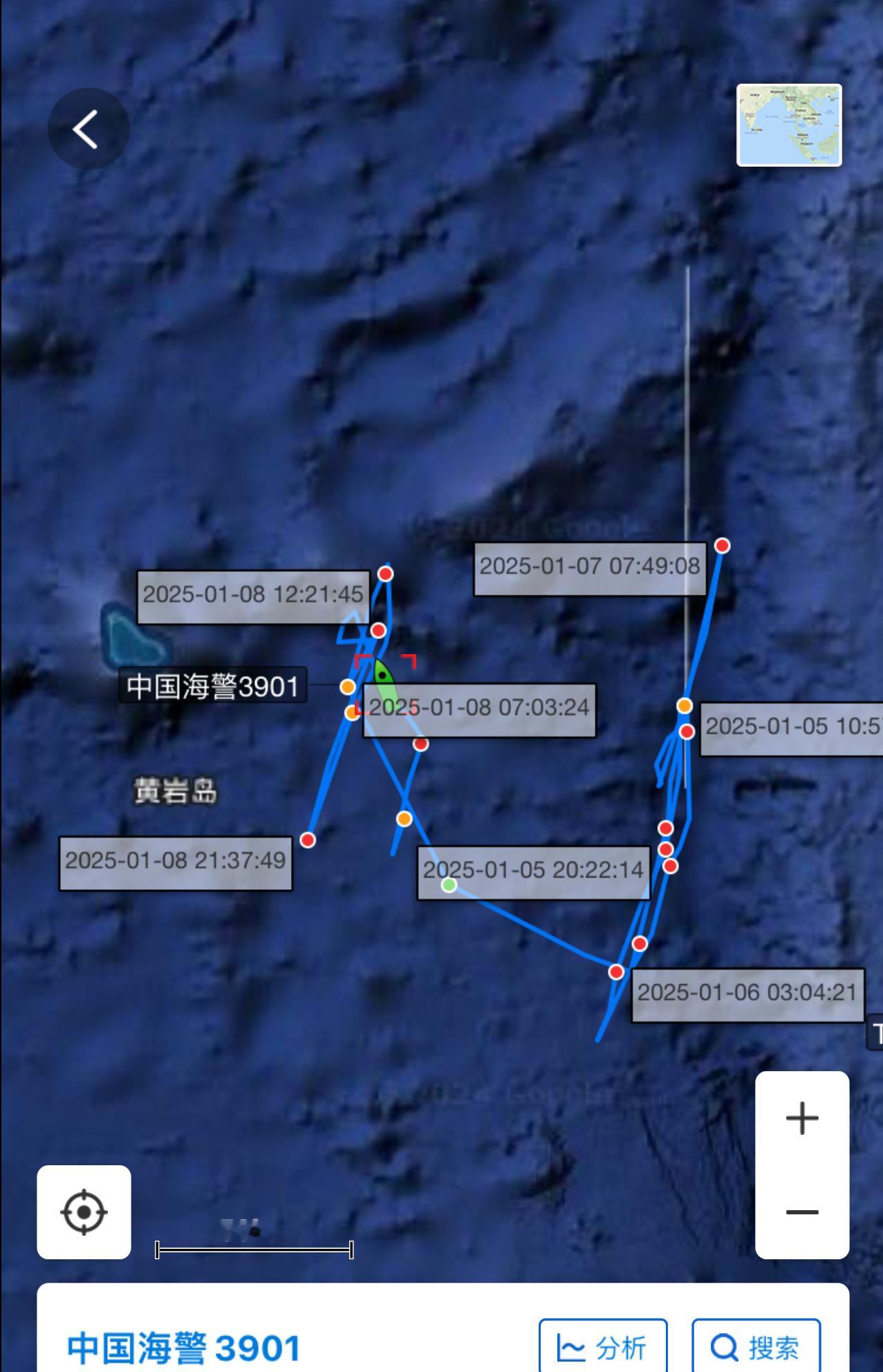 近几天，中国海警5901舰的巡逻区域从九段线向黄岩岛方向移动(图1，图2)，菲律