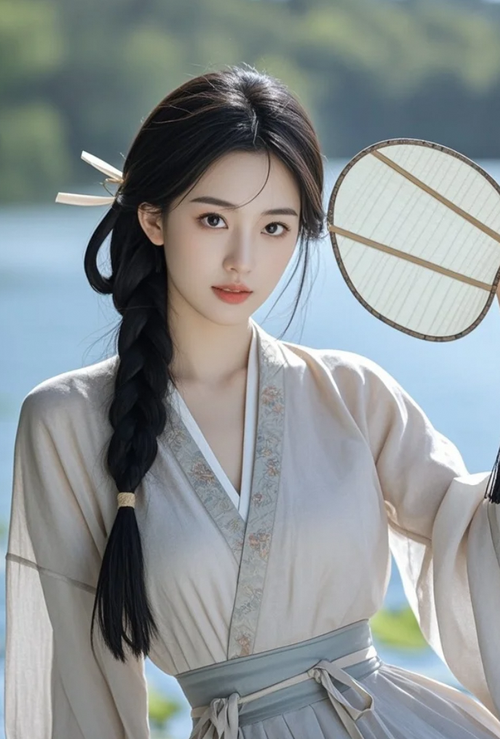她走过湖边时扇子轻摇，美得让人窒息