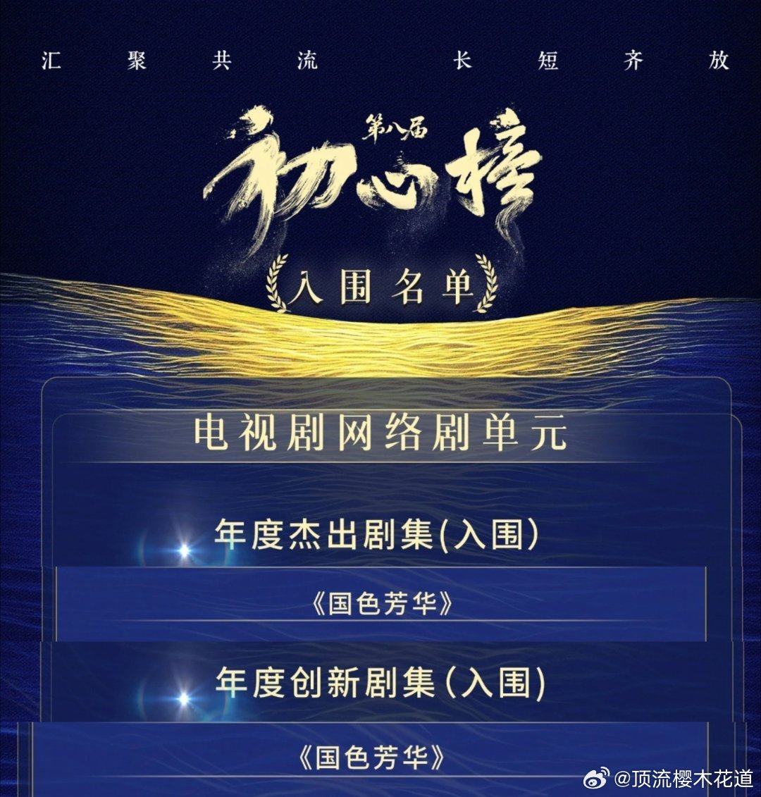 恭喜国色芳华/锦绣芳华同时入围第八届初心榜两项荣誉单元！年度杰出剧集和年度创新