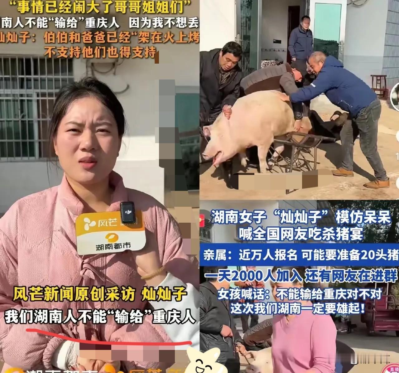 湖南的灿灿，现在估计肠子都悔青了！她后悔的不是模仿重庆呆呆办杀猪宴，也不是把活