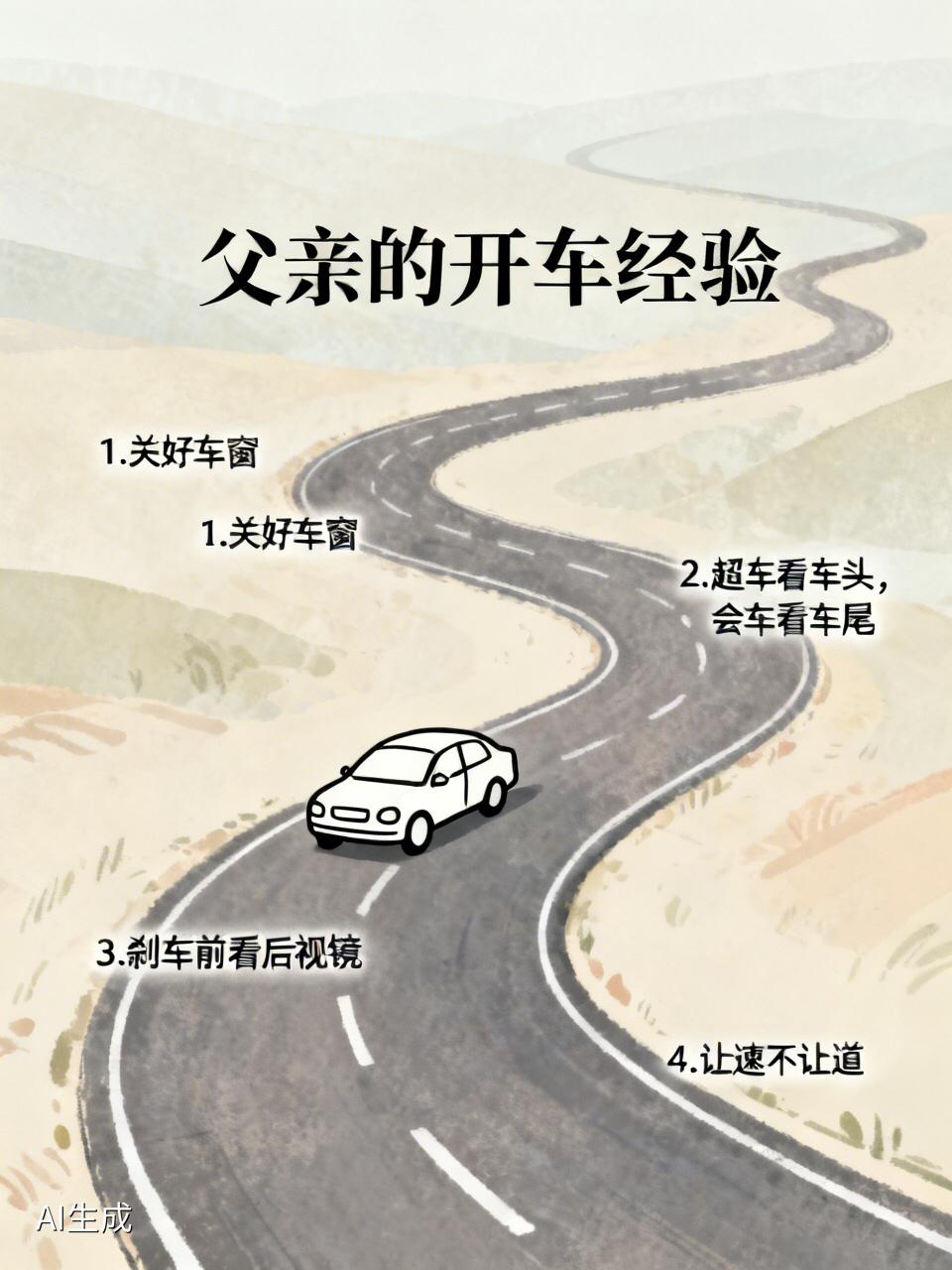 父亲开了大半辈子车，留给我的开车经验如下：1️⃣无论车速多快，都要关好车窗。
