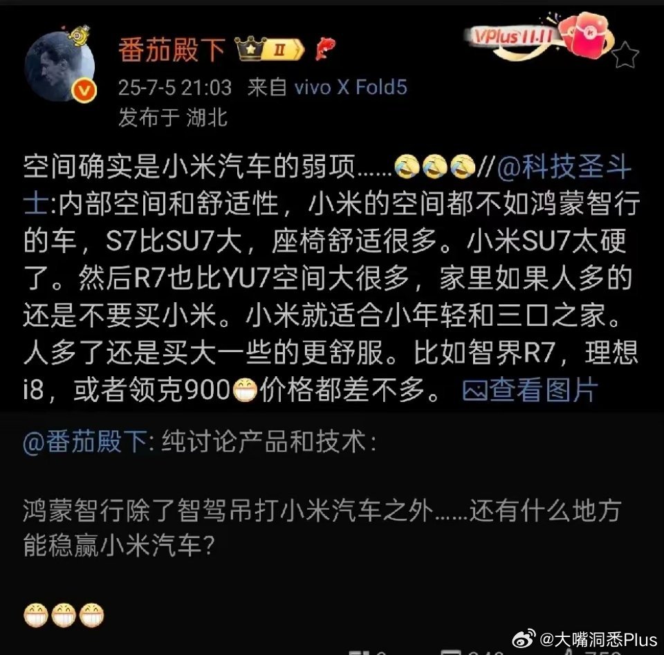 “番茄殿下”发问：鸿蒙智行的车除了智驾之外，还有哪点比小米汽车强呢？​​​