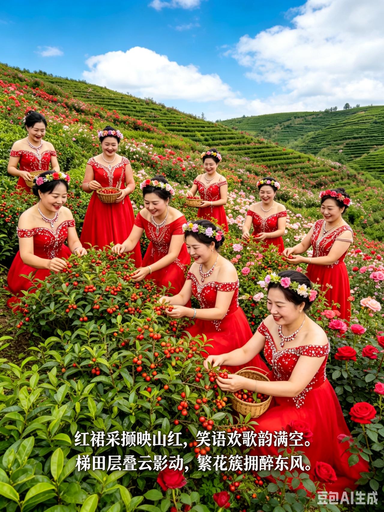 九姝山涧采果乐九姝携手赴山冈，丽服多姿映翠苍。彩袖拨花凝晓露，繁枝挂果溢