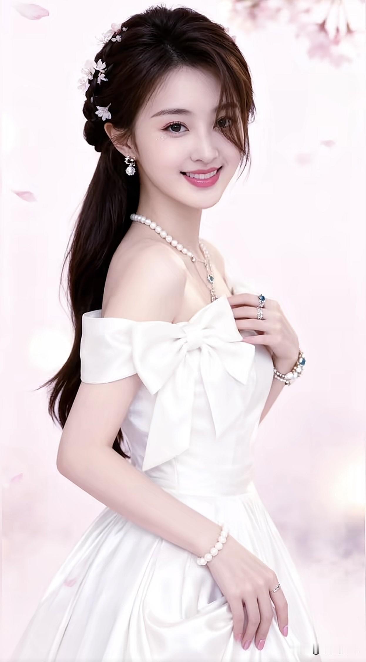 梦幻公主风，优雅白裙，甜美笑容，粉色花海背景，少女心爆棚！🌸💖浅粉色碎花裙
