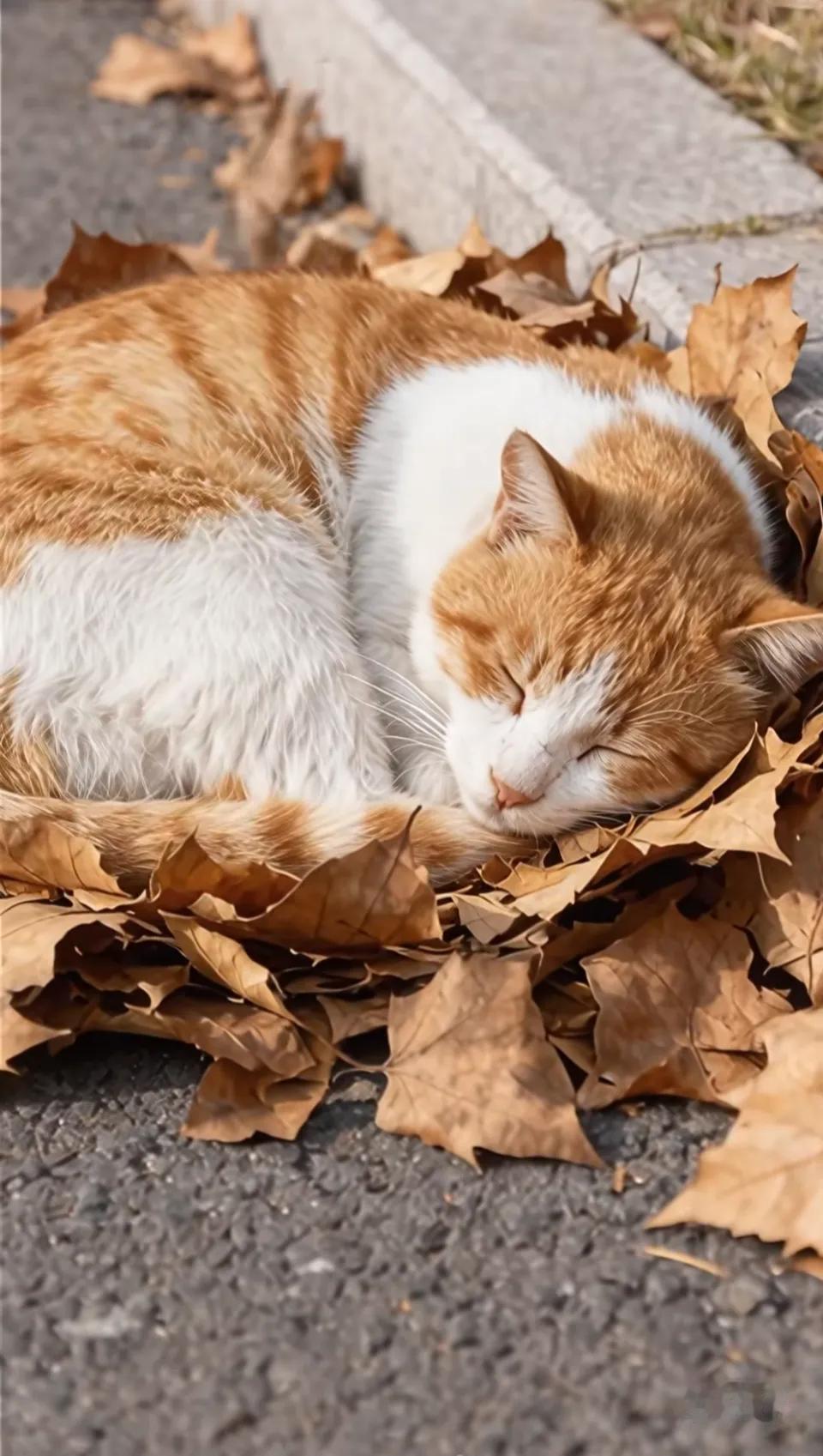 秋风瑟瑟，树叶飞舞，猫咪枕着吹团的叶子睡得咪咪香。愿这些流浪的野猫越过秋霜，越