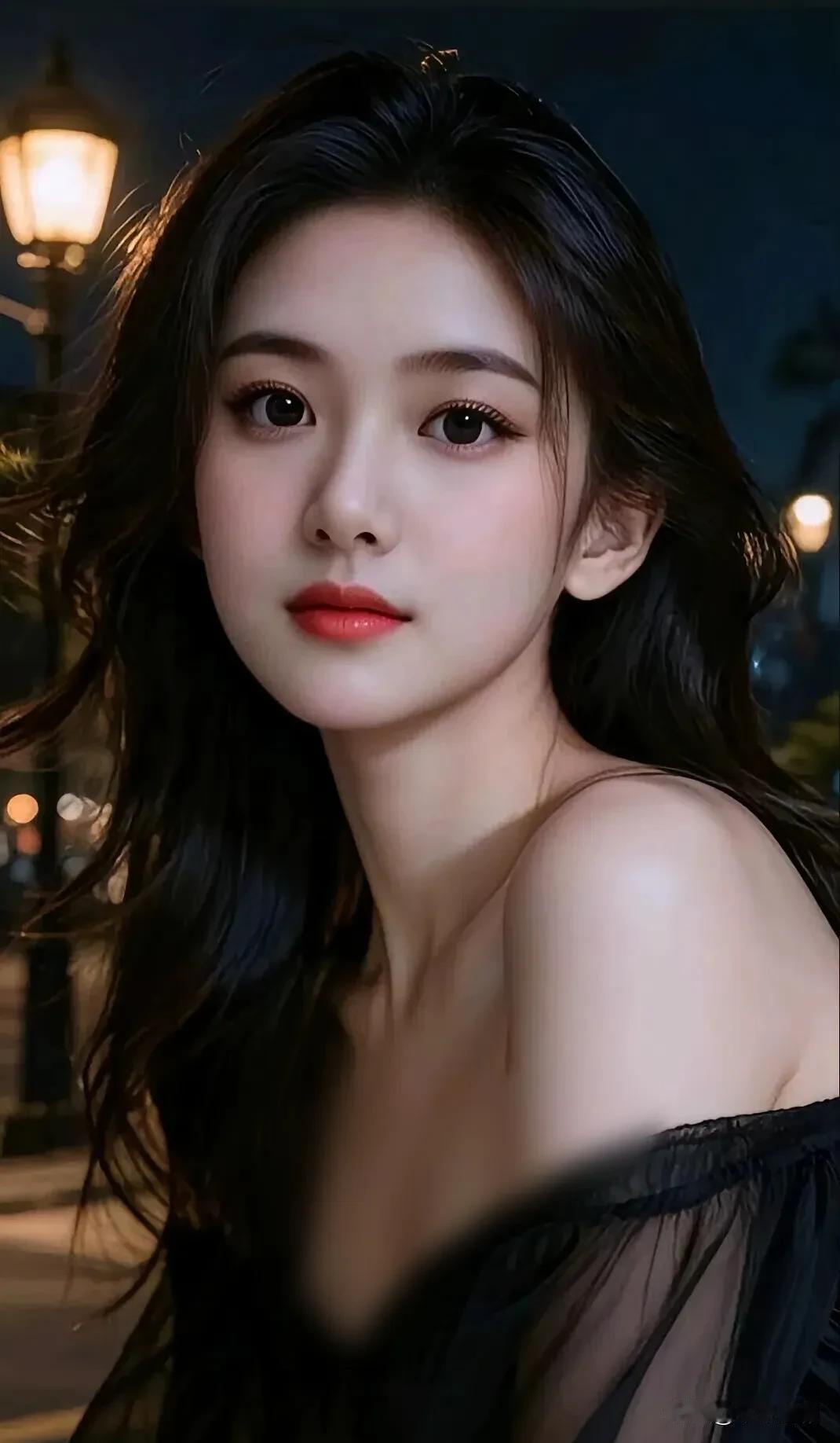 街灯暖黄晕开夜色，卷发在晚风里轻漾，一抹红唇撞碎了暮色的温柔，清冷又明艳的气息，