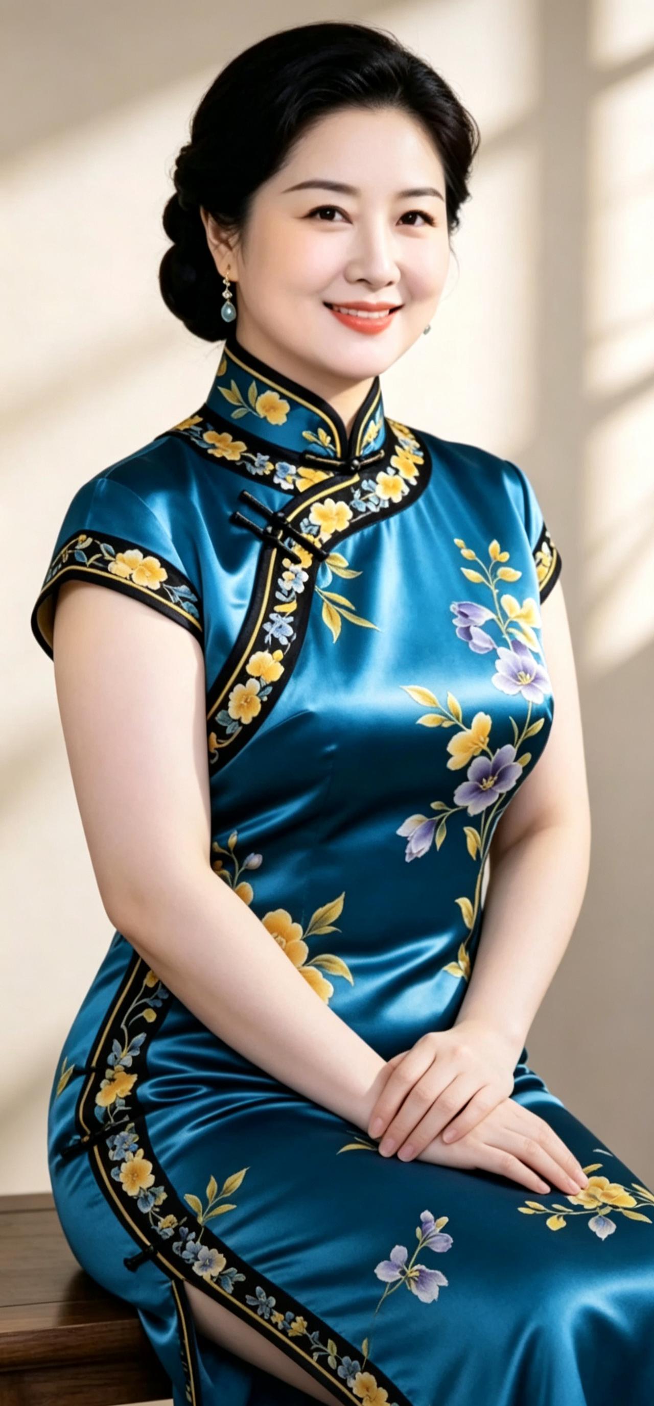 蓝缎旗袍绣繁花，眉目温柔气质佳。尽显东方女子美，端庄从容自风华。旗袍雅