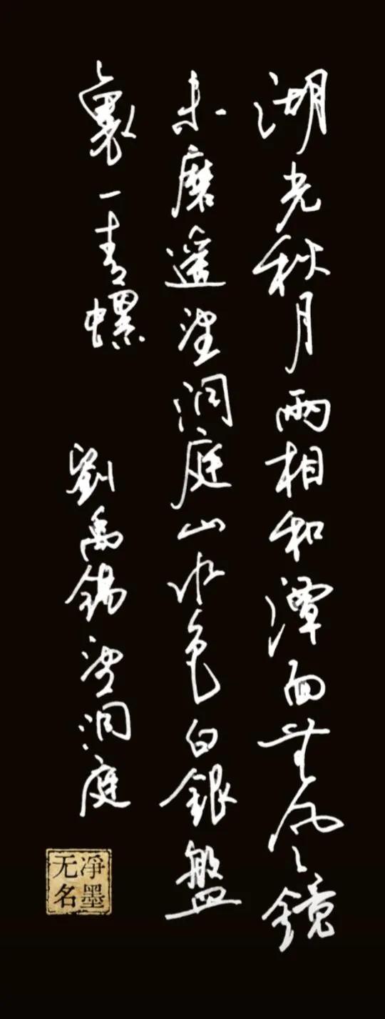 钢笔抄写，反色处理一、释文（刘禹锡《望洞庭》）原诗（书法竖排，从右至左读）