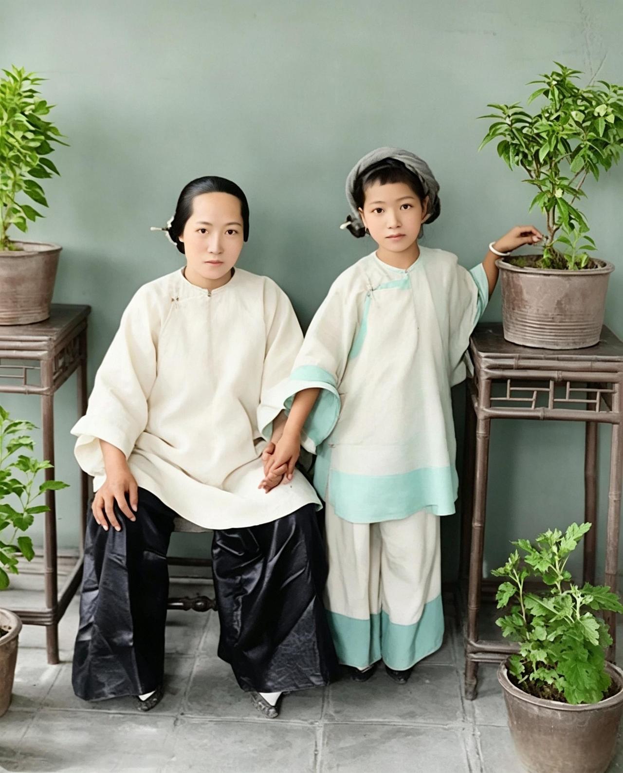 这是百年前一对小脚母女。母女俩裹了三寸金莲后，容颜还能惊艳到如此程度，实属罕见。