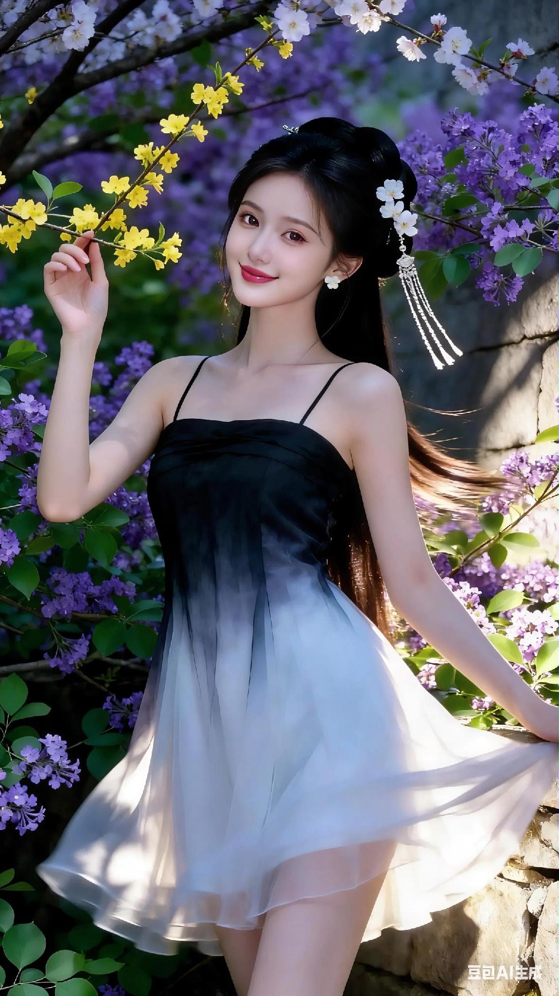 春日花海中的优雅少女，黑白色调连衣裙，花枝招展，美不胜收！🌸💃🏻黑白连衣