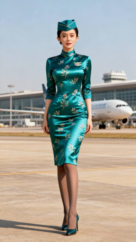 民航空姐美女在机场展示新型的职业套装裙。