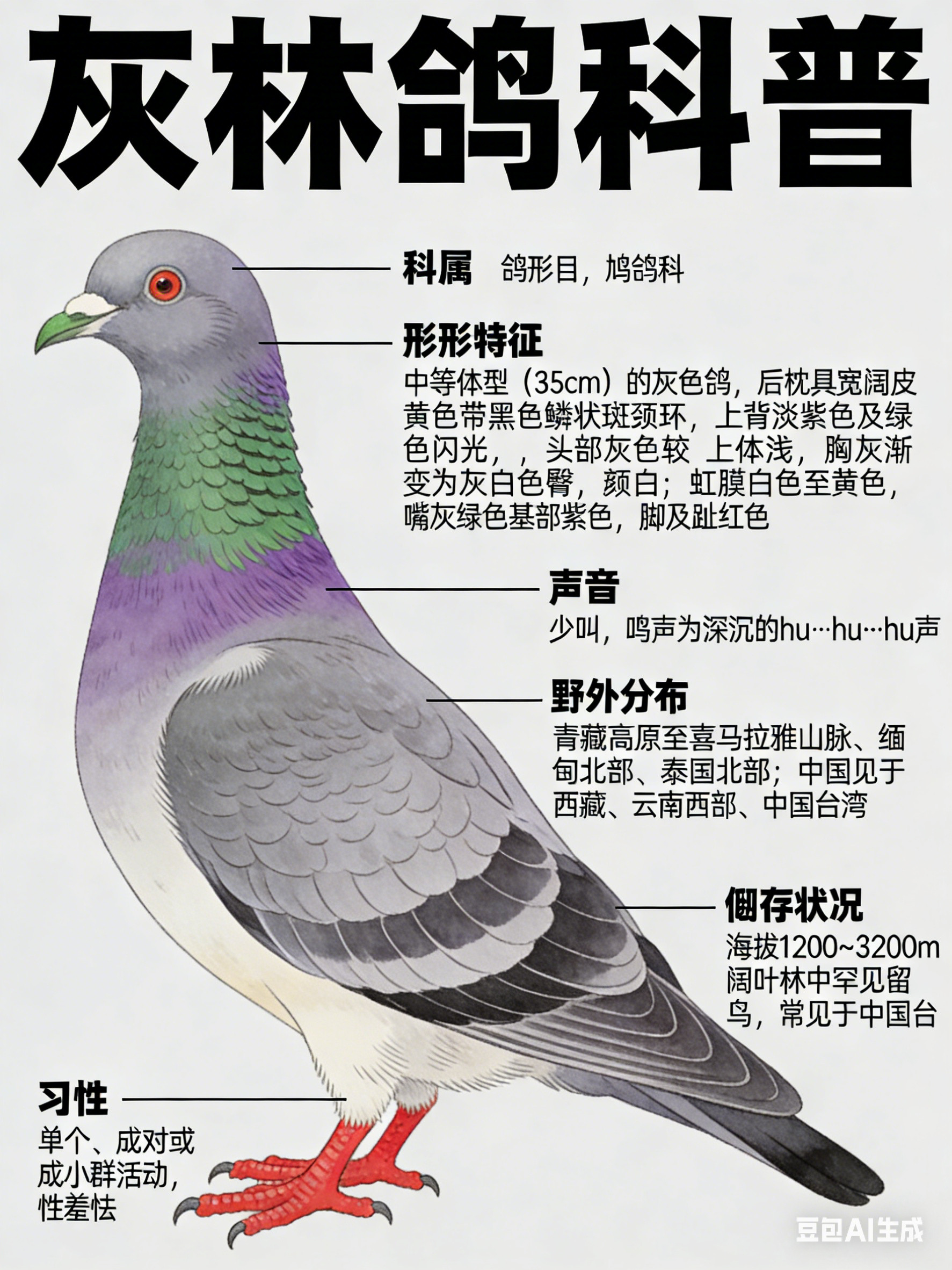 鸟类朋友图鉴灰林鸽·科属：鸽形目，鸠鸽科。·外形特征：中等体型（35cm）的灰