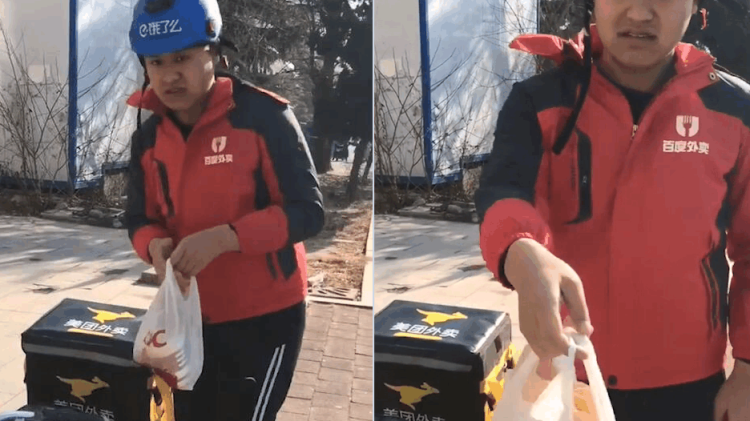 小哥真努力三家外卖一起送！饿了么头盔，美团箱子，百度的外套！