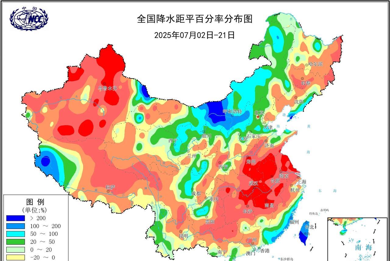 这个7月，很不一般：主雨带偏向北偏西，大部地区降水偏少；中东部气温显著偏高，新疆