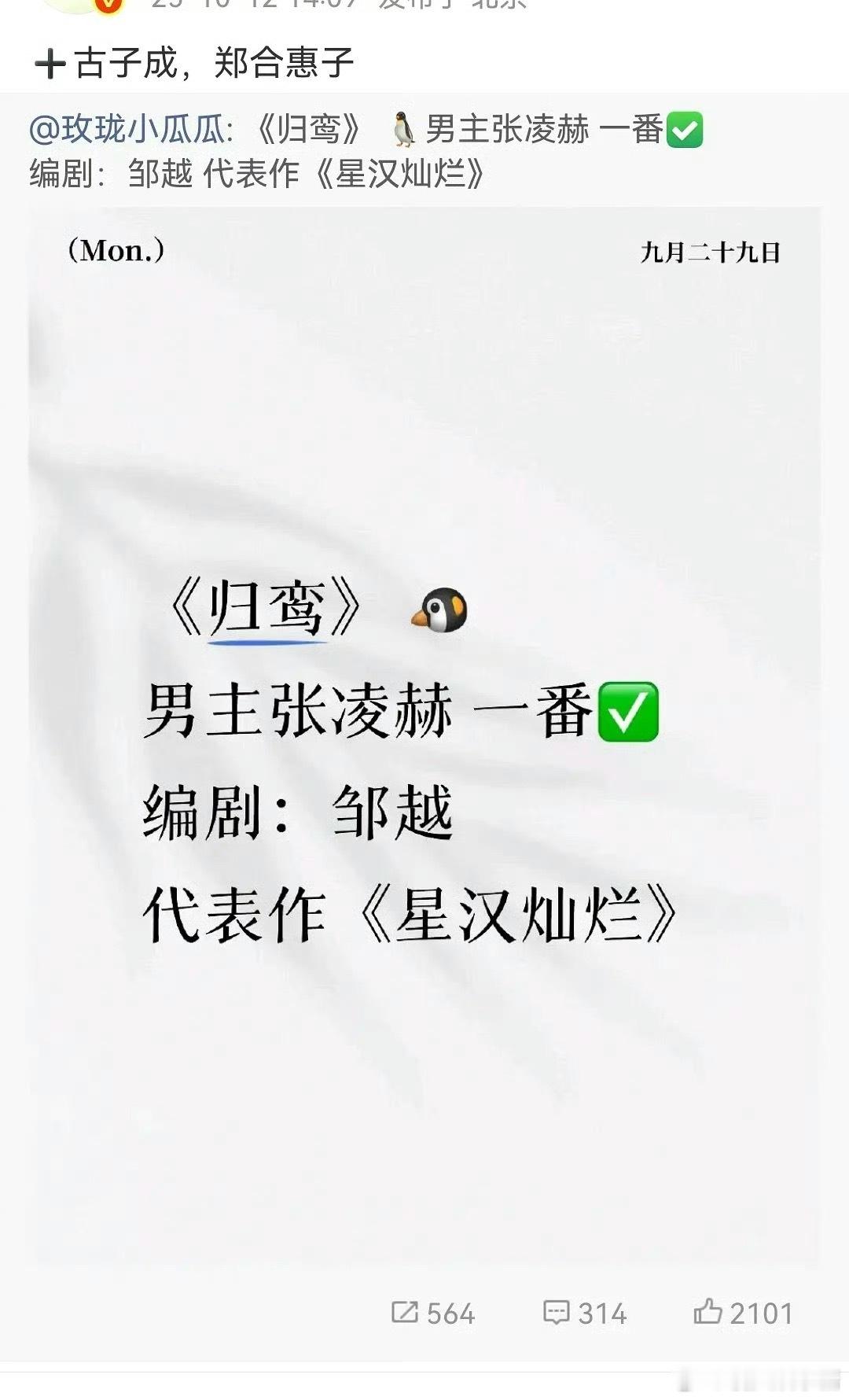 🍉《归鸾》张凌赫、林允、古子成、郑合惠子这阵容什么水平​​​