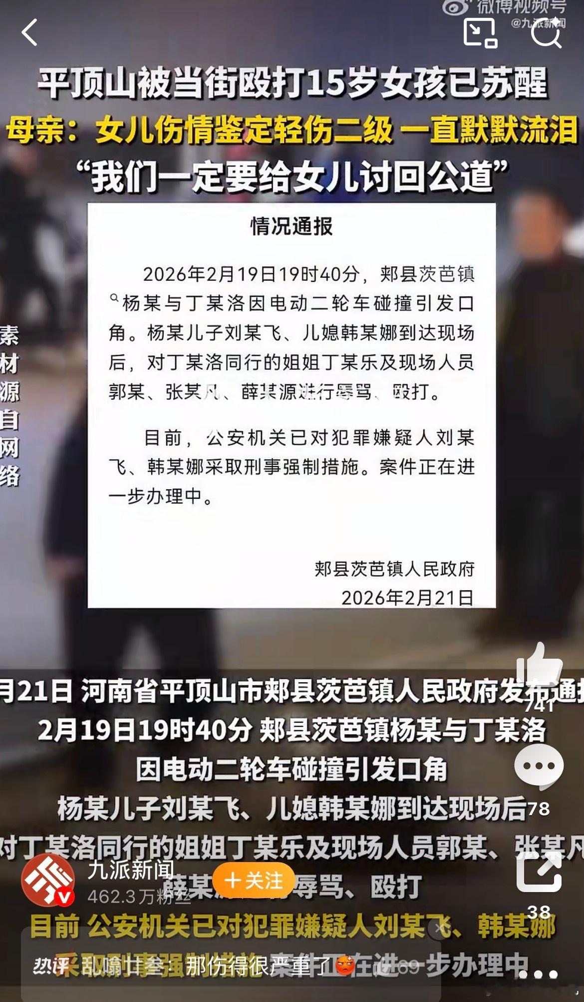平顶山被打女孩轻伤二级2月19日晚，15岁女孩丁某和弟弟因电动车剐蹭与一老人发生