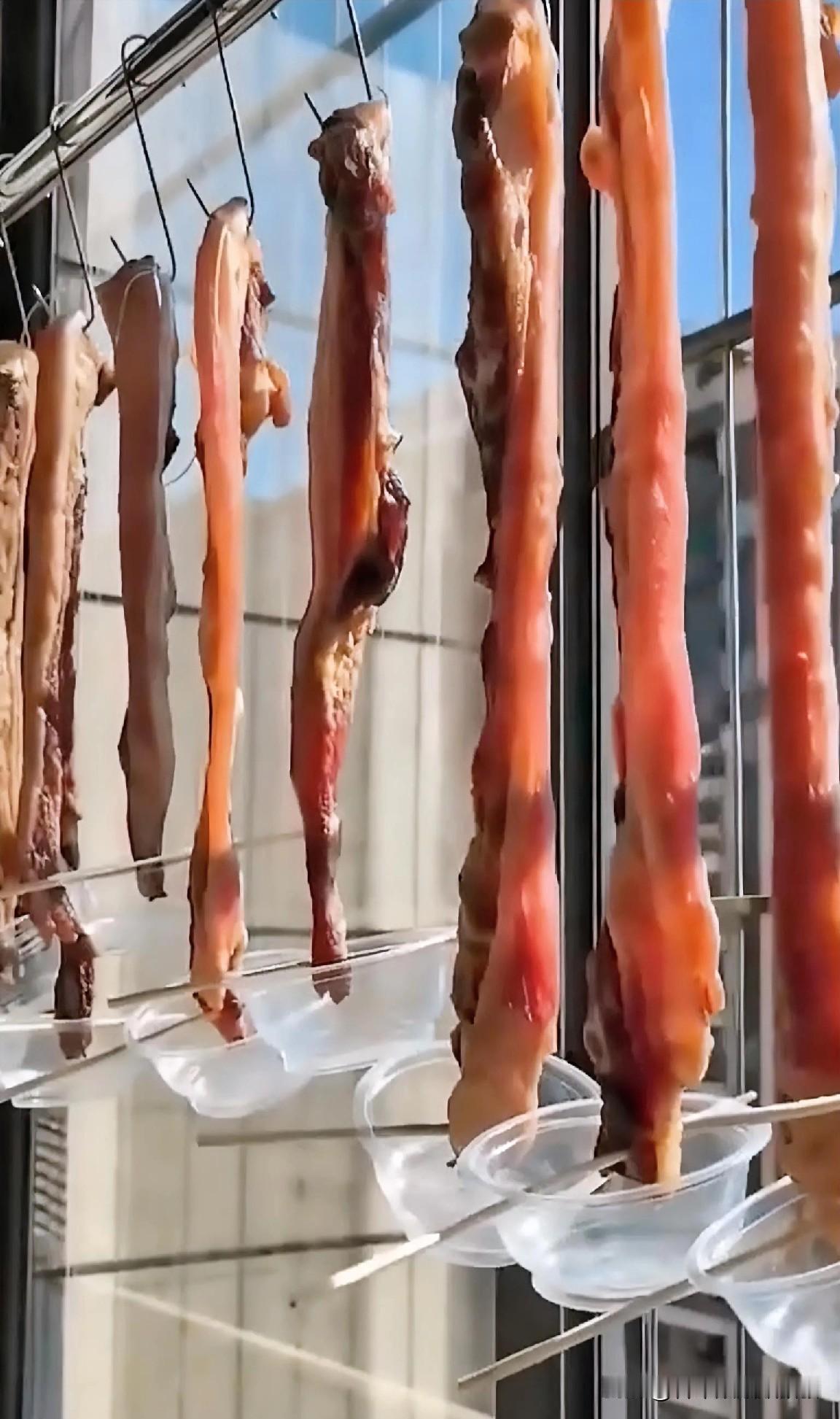 女子在阳台上晒了很多腊肉，可奇怪的是，在每条腊肉底下，都用一根短棍把肉和一个塑料