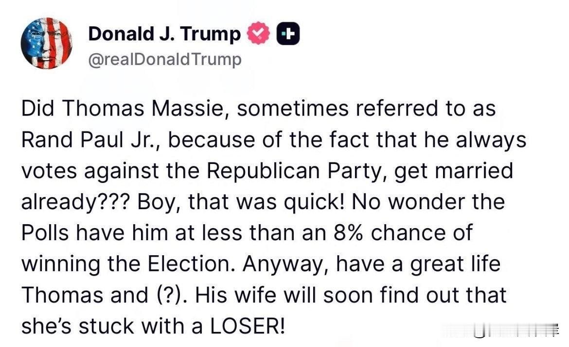 川普发文攻击“公布Epstein文档”的发起人ThomasMassie。“T