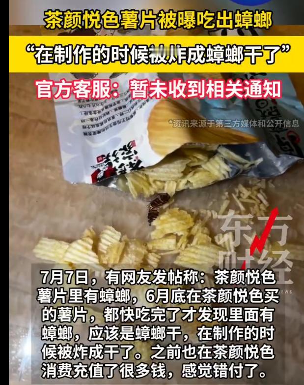 “吵翻了！”一网友发帖称在茶颜悦色薯片中吃出蟑螂干，“都快吃完了才发现，蟑螂在制