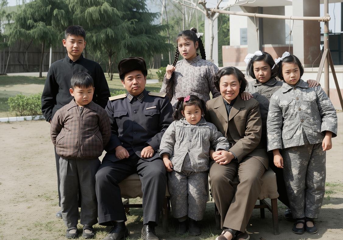 1958年南京老宅院落，许世友上将一家八口珍贵全家福留念，一家人整整齐齐，团团圆