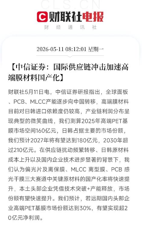 中信证券挖出一个被日韩卡脖子的百亿赛道：高端膜材料！国产替代正在撕开缺口，远期利