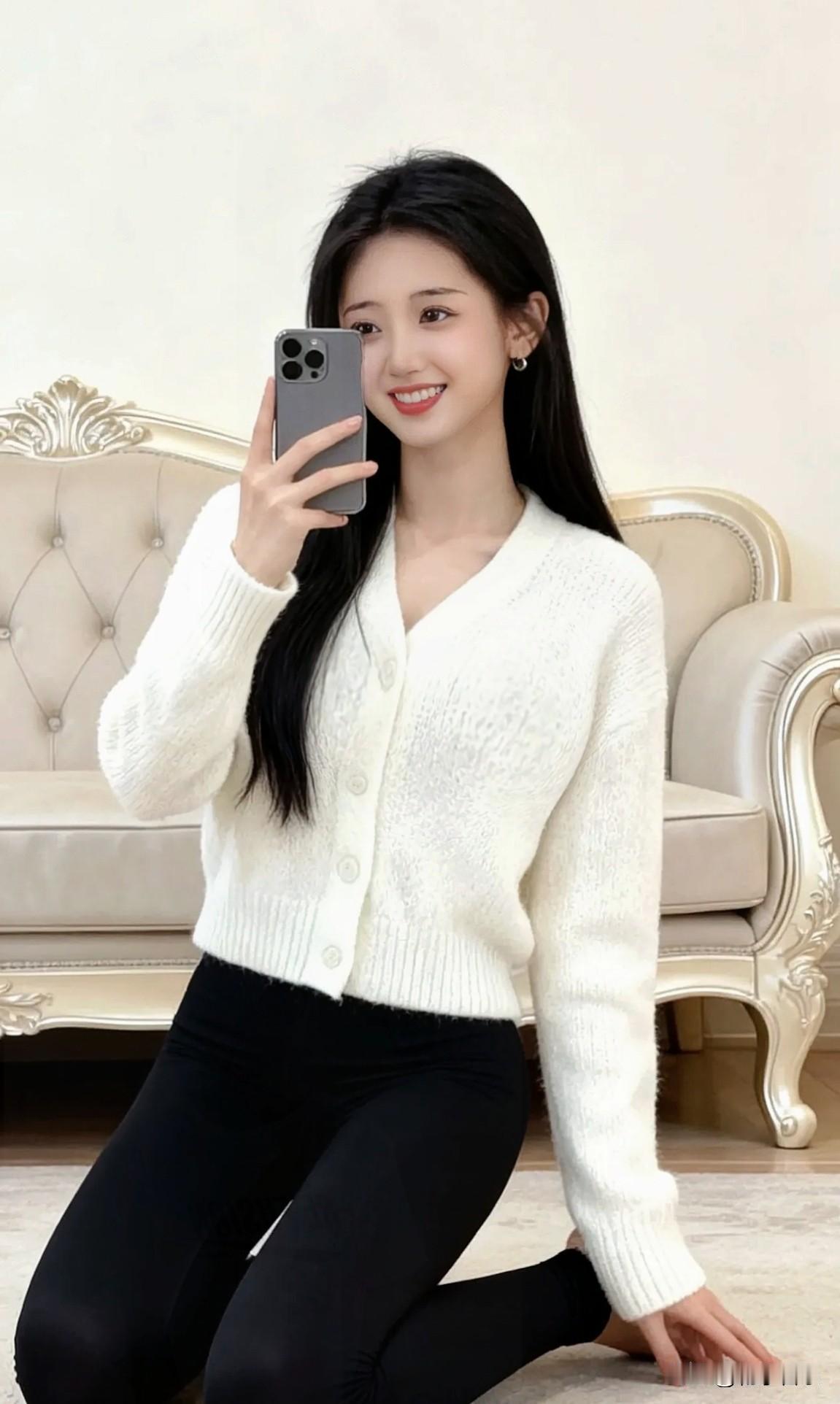 温柔甜美的冬日穿搭，白色毛衣搭配黑色紧身裤，温暖又时尚！🌟💖随手拍，分享图片