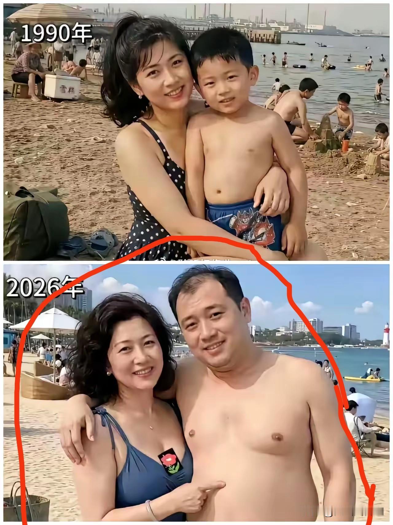 容易让人极易引起错觉的两张照片对比，一对母子，相隔三十多年在同一个海边浴场拍摄的