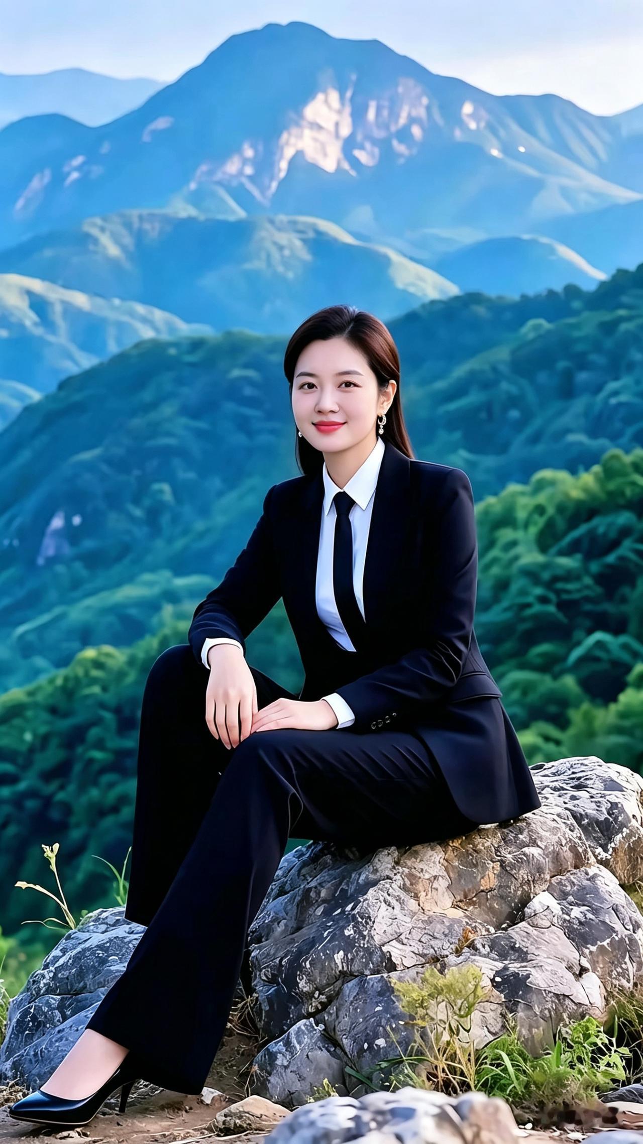 身着西装的职场女性，在山间小憩。那笔挺的西装，勾勒出她干练的身形，与周围如画的风