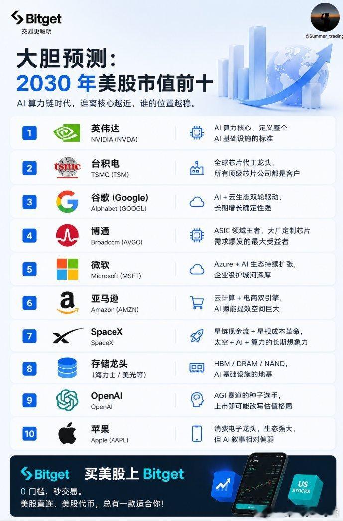 一个四年的赌局，你敢来吗？2030年美股市值前十，我有我的判断。当前全...