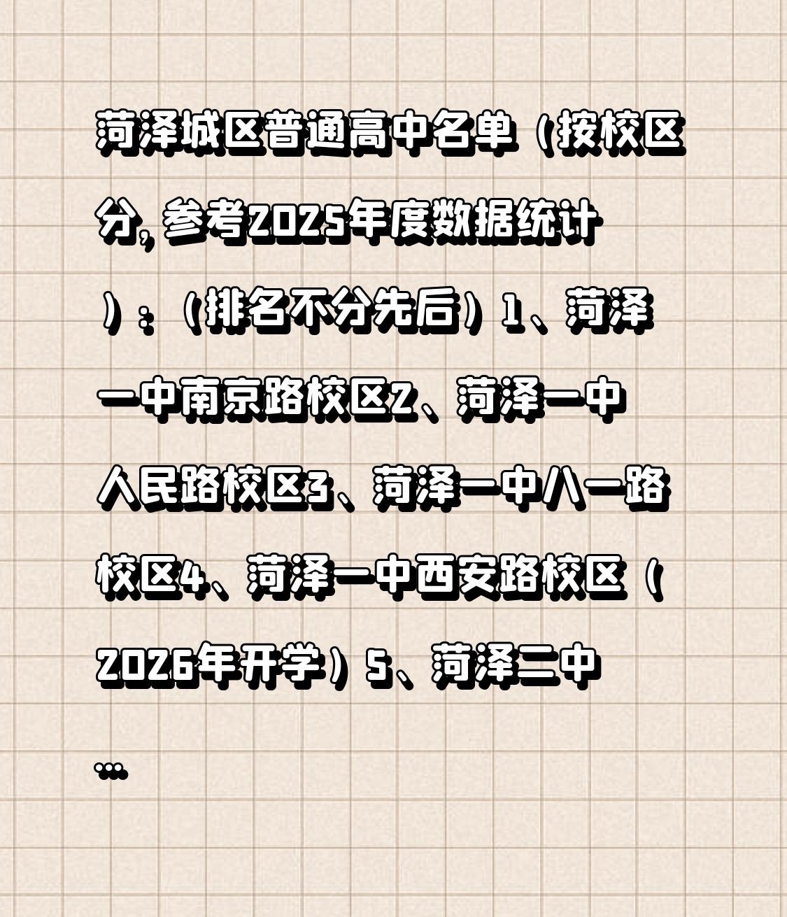 菏泽城区普通高中名单（按校区分，参考2025年度数据统计）：（排名不分先后）