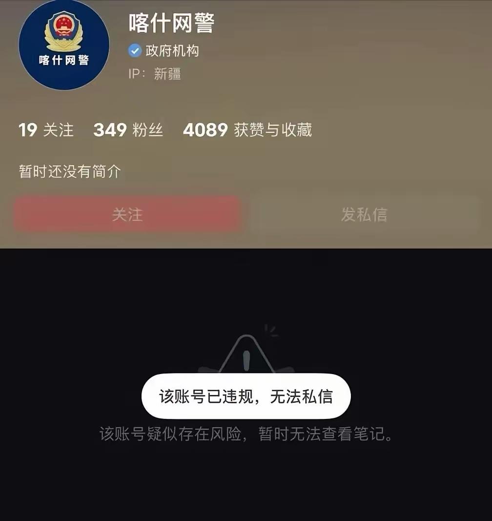 小某书出现认证为喀什网警的政务账号被平台判定违规锁号、无法查看笔记与私信一事，即