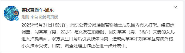 【#上海警方通报迪士尼游客打架事件#】刚刚，发文：2025年5月31日18时许，