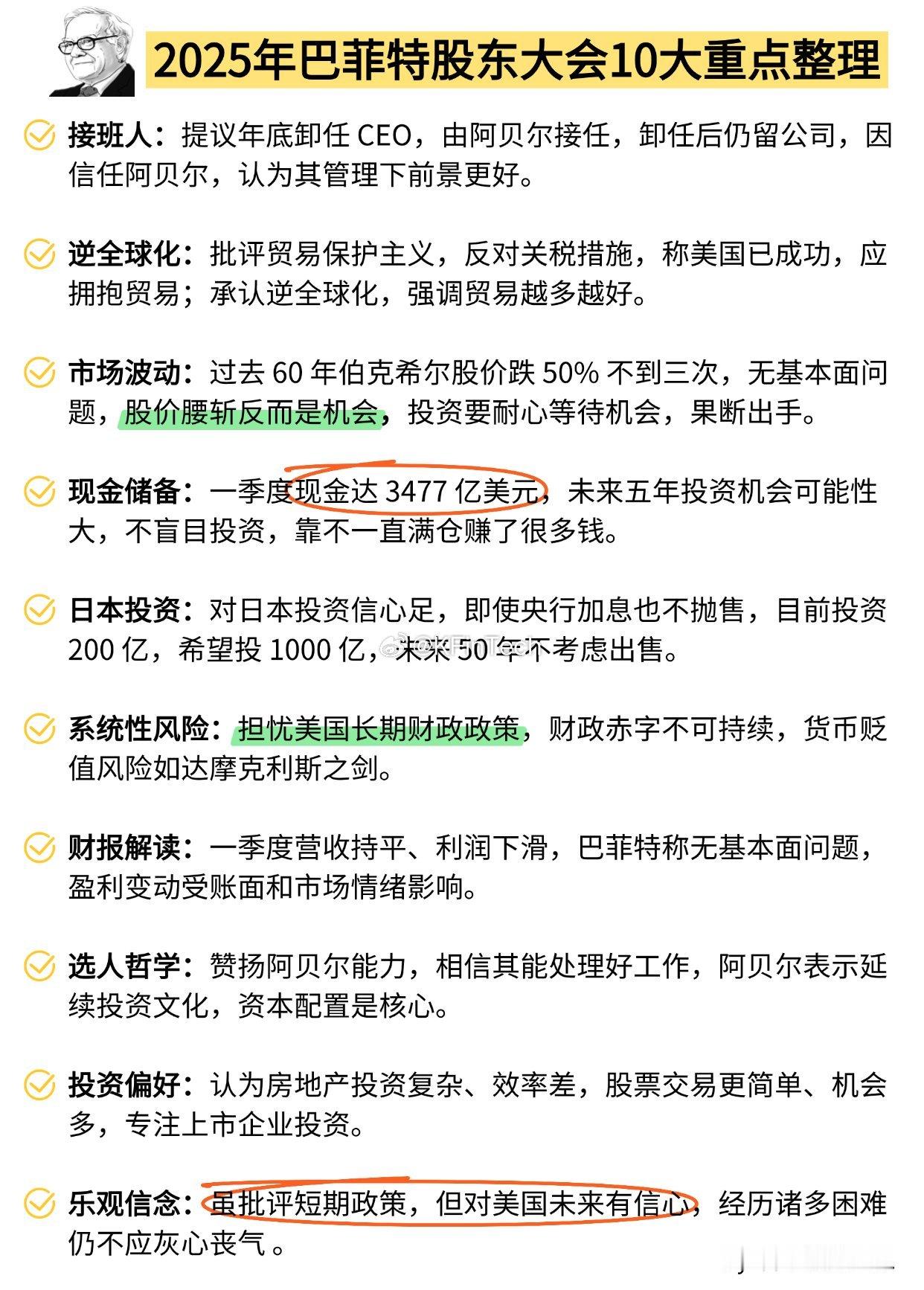 一图看懂2025年巴菲特股东大会10大重点整理​​​