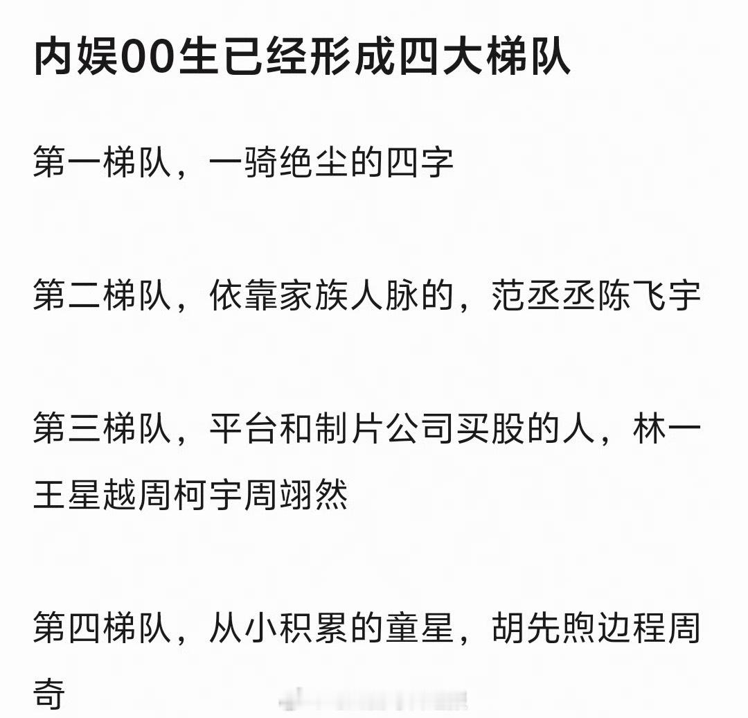 网友评选的内娱00生四大梯队，易烊千玺位列第一，这是毋庸置疑的吧