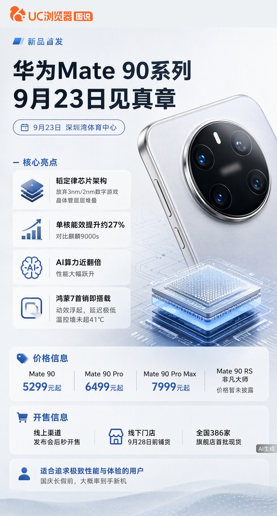 华为Mate90系列9月23日亮相，全系搭载鸿蒙7稳定版。芯片放弃死磕制程改堆叠，能效比上代高约27