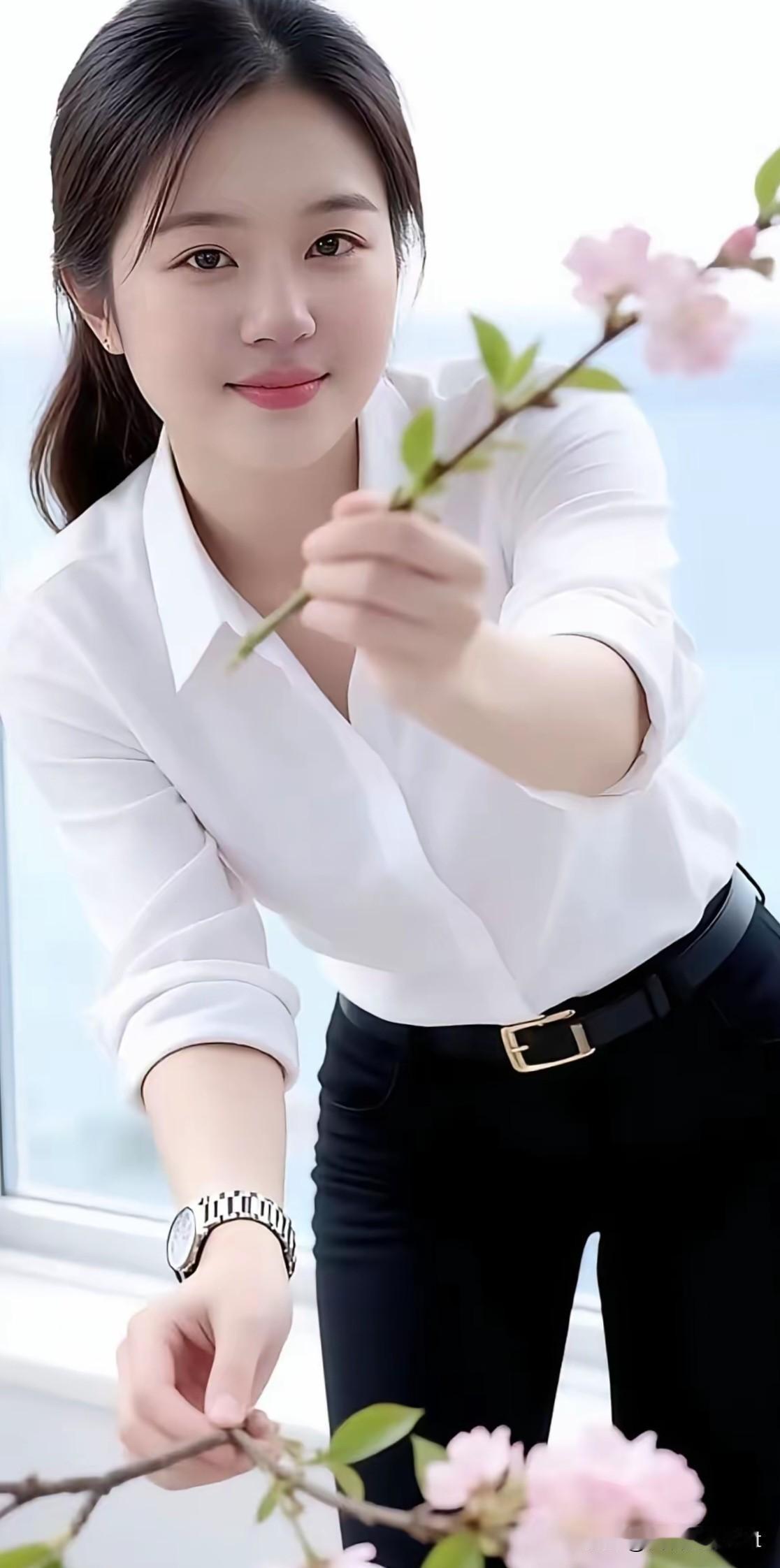 五律·樱窗婉容晴窗舒雅韵，素袂沐春风。纤手拈芳朵，清眸映浅红。眉含千种