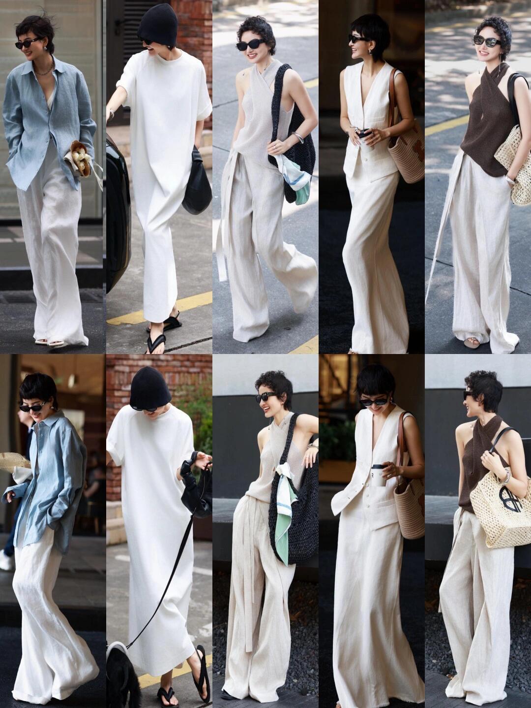 优雅又大气，这一组太适合熟龄了！亚麻白裤与浅蓝衬衫清爽松弛，挂脖针织衫配阔腿裤