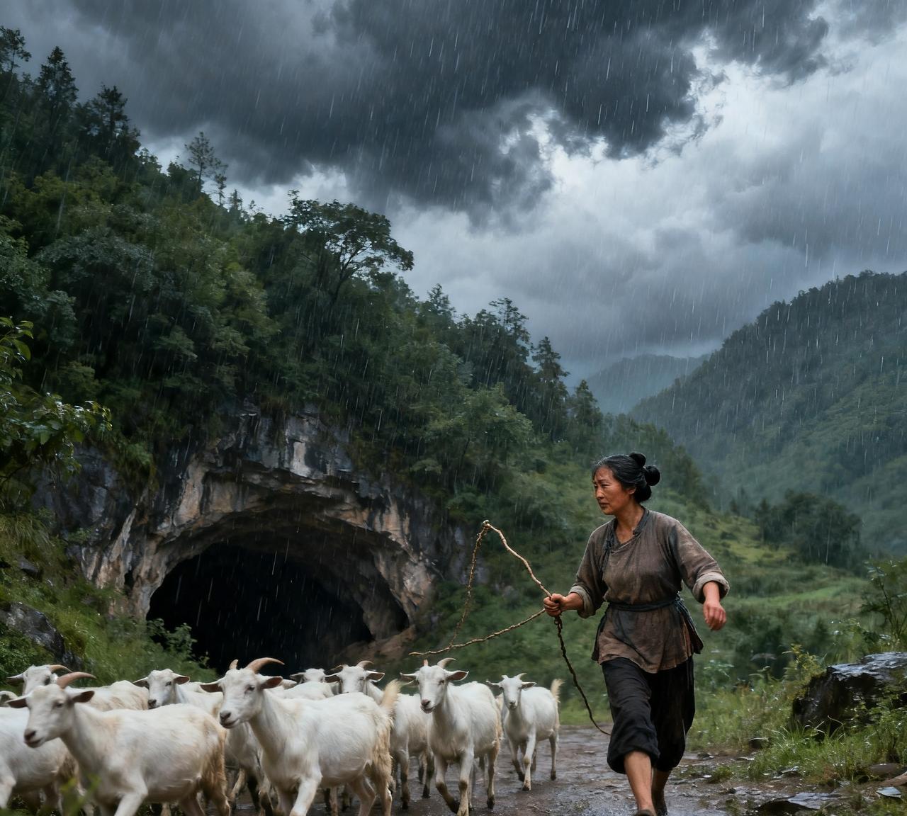 陈寡妇在山上放羊，忽然暴雨倾盆而下，陈寡妇急忙躲到了山洞里，走进山洞她看见，地上