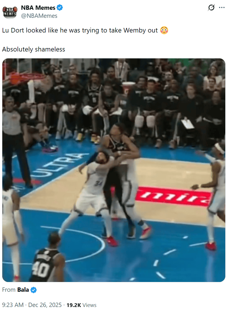 NBA Memes晒多尔特冲抢篮板: 他简直像冲着废掉文班去的