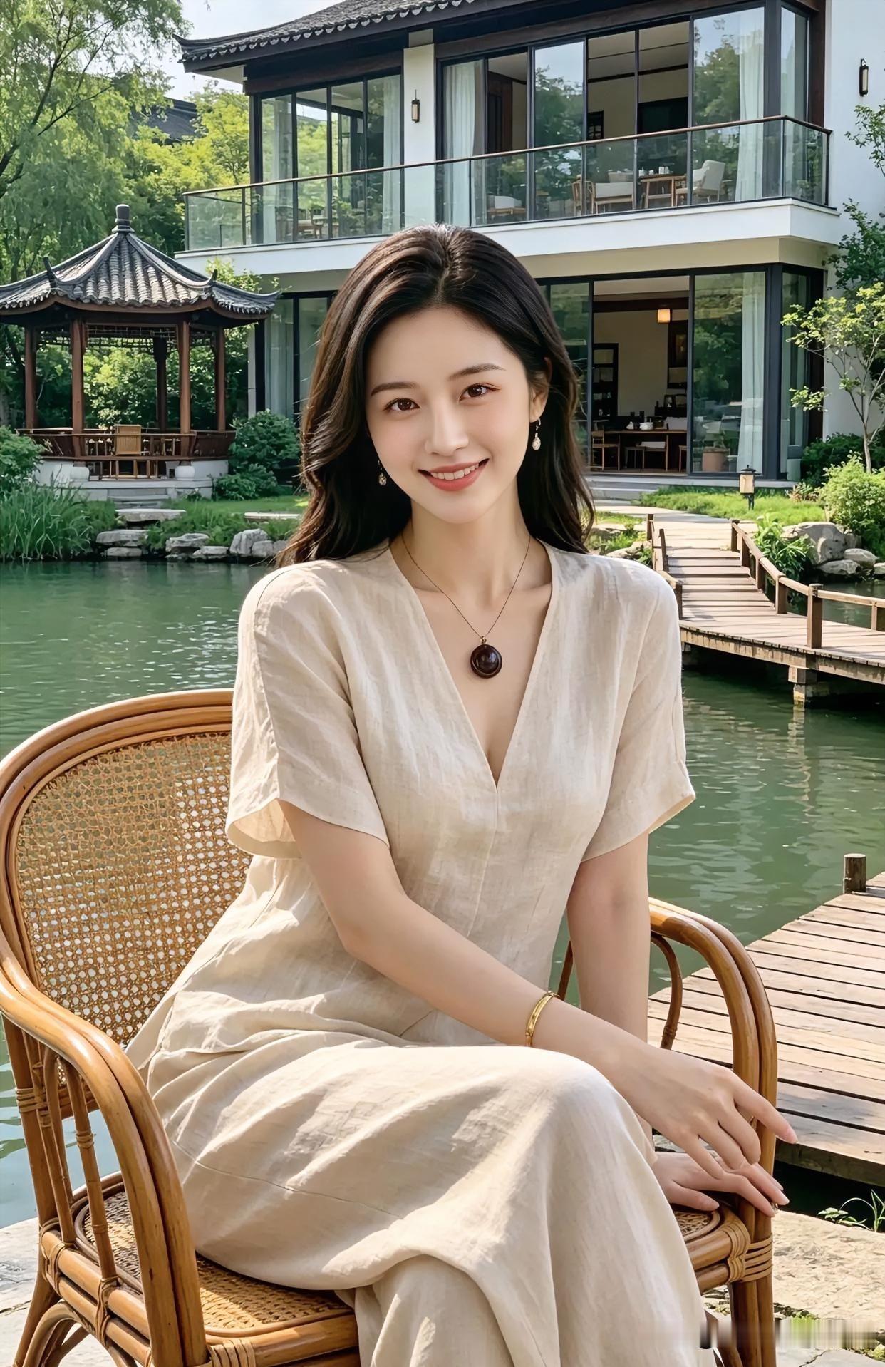米色麻裙宽松舒展，V领温婉。藤椅临水，笑意恬淡，于园林间尽显东方女子的素雅与从容