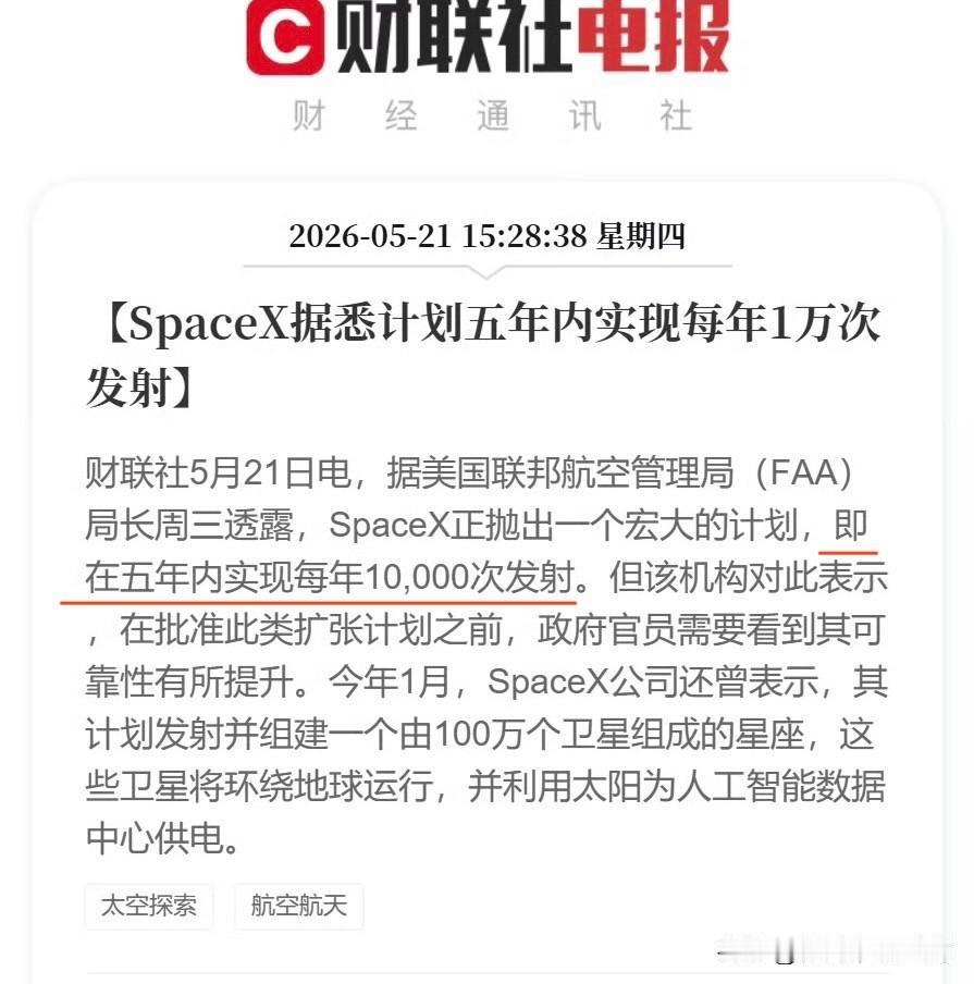 SpaceX这是纯造势的吧？“计划五年内实现每年1万次发射”这个数字也太