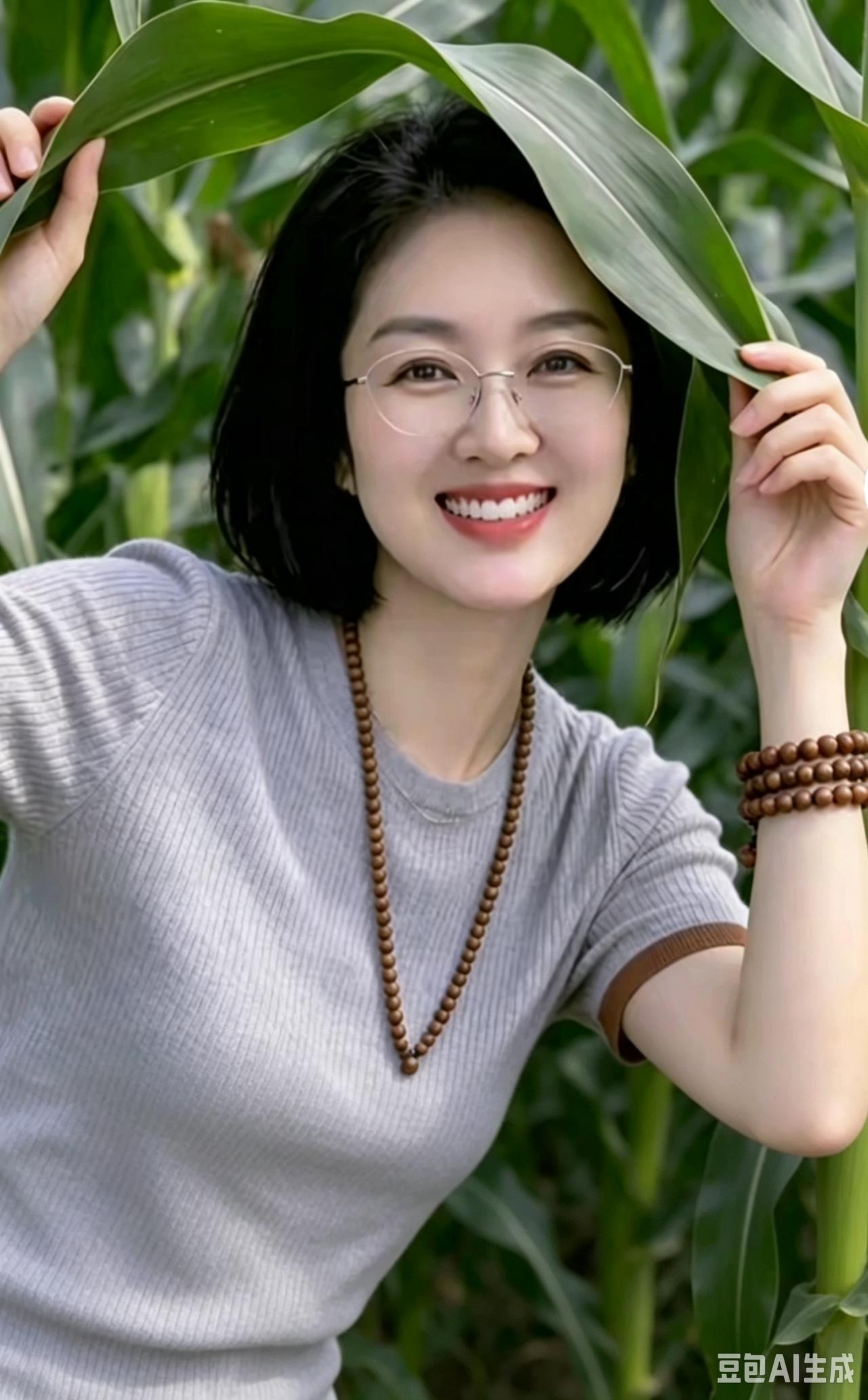玉米田间青纱遍野绿森森，轻举禾叶作凉荫。眸若明潭含笑意，胸间木串见禅心。