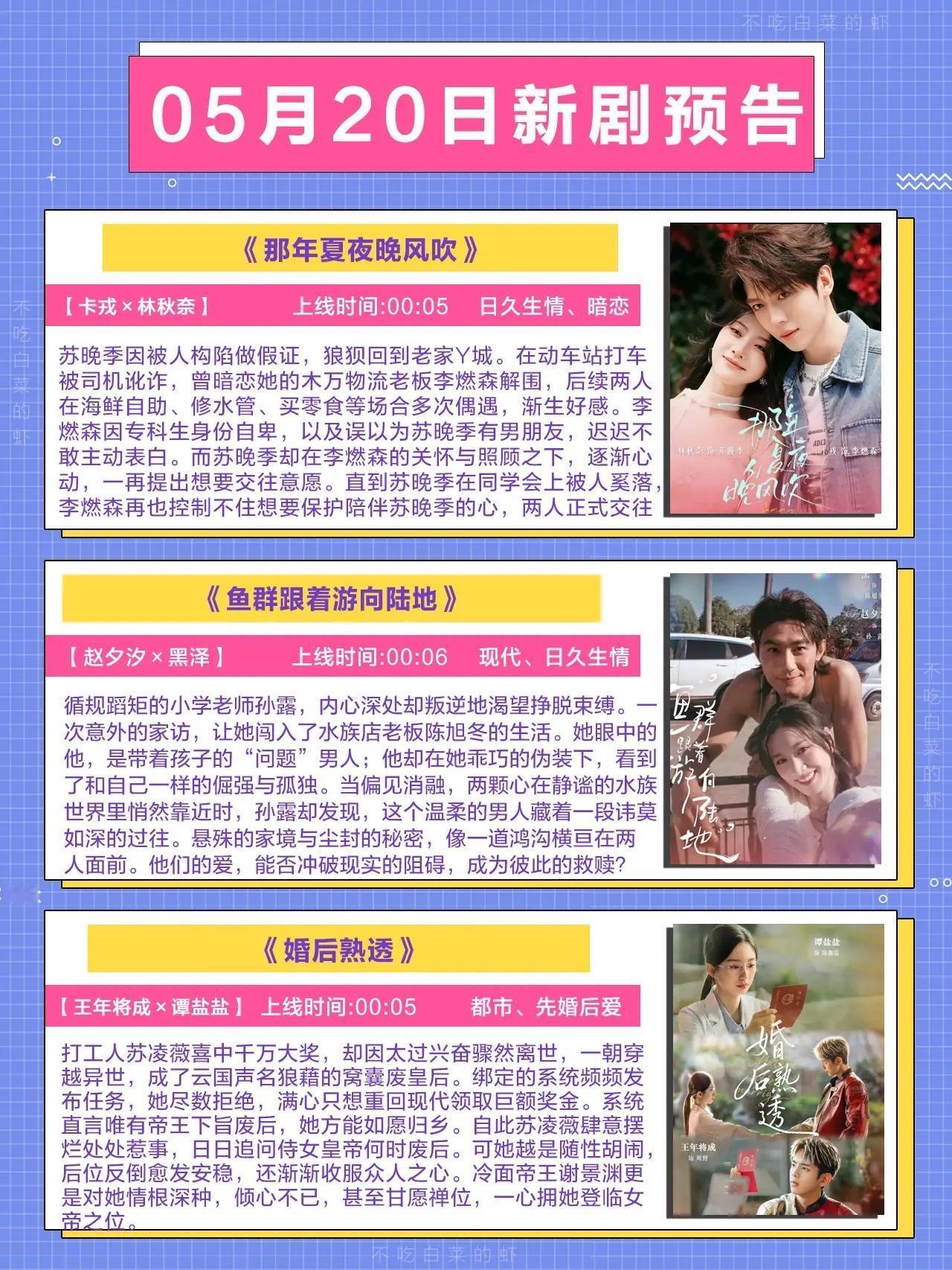 🔥📺5月20日新剧预告✨🔥1.《那年夏夜晚风吹》🌿演员：卡戎、林