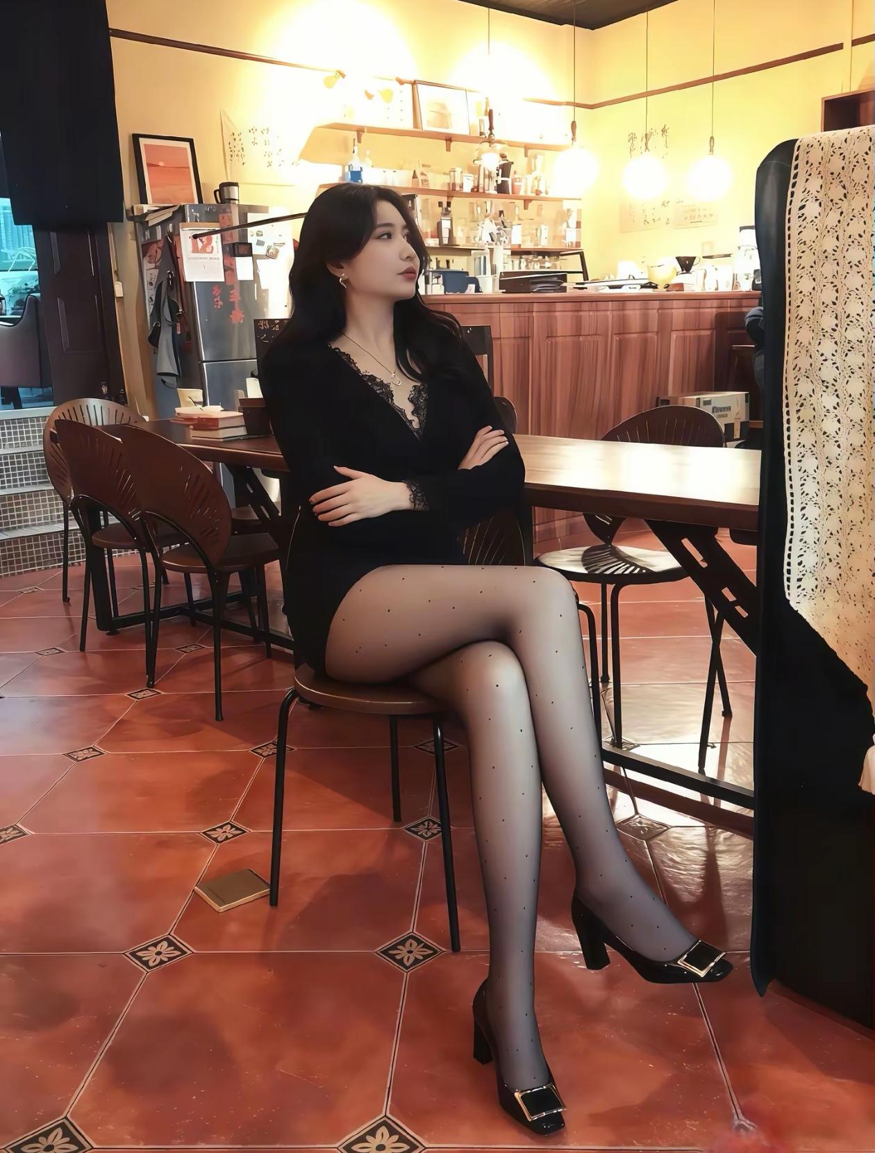 优雅黑裙，咖啡馆里的时尚时刻