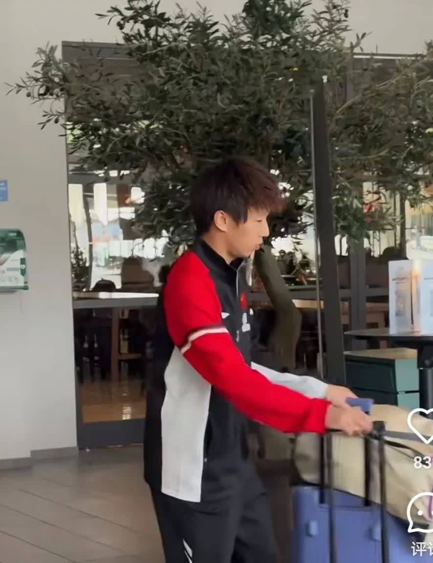 国乒今天离开马尔默。刚刚看到林高远拉着箱子从酒店出发了，这次大家都穿着队服，