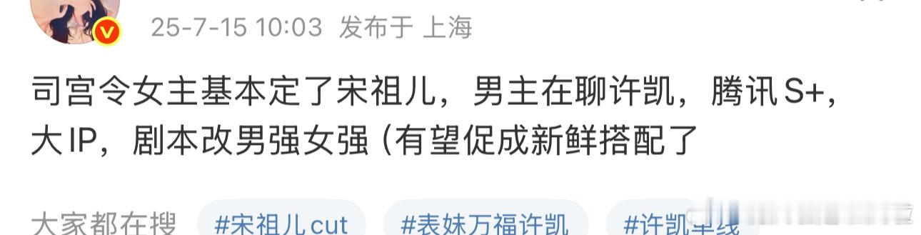 司空令传到许凯+宋祖儿。看简介完全女主向，我不太信soso接这个，热饼呢吧​​