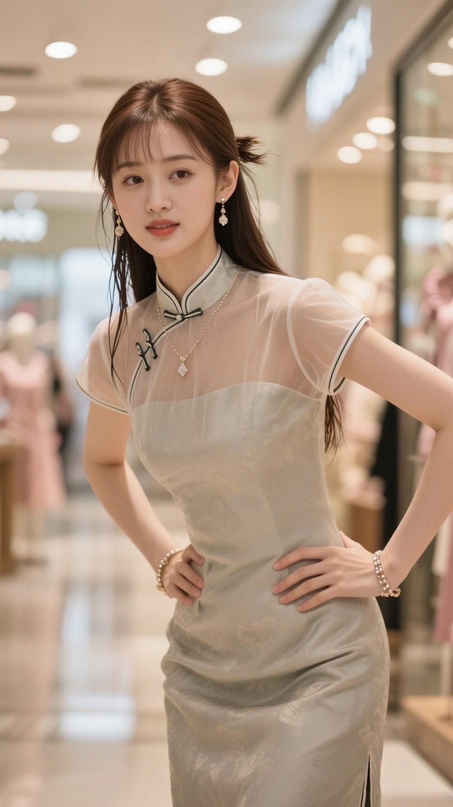 上联：一袭纱衣盘扣秀，尽显东方韵下联：百般姿态笑眸盈，交融现世风