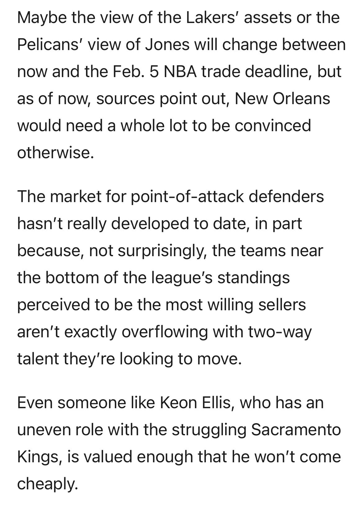 湖人记者DanWoike：消息人士表示，鹈鹕并不打算交易琼斯。考虑到湖人能提供