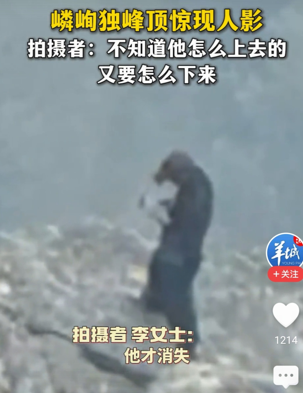 江西庐山嶙峋峰顶惊现一个人，如何上去下来让网友脑洞大开