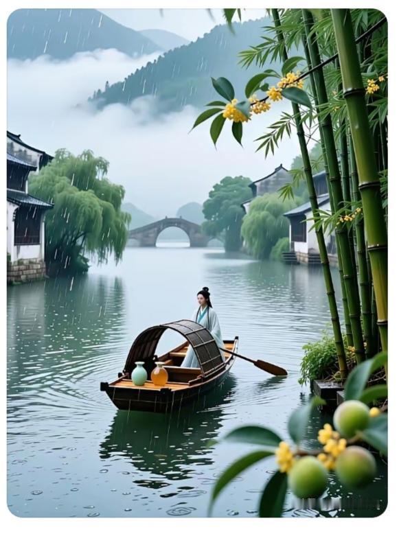 游“江南水乡”小船水中在荡漾；竹林岸边已成趟；山清水秀在倒影；小桥流水架